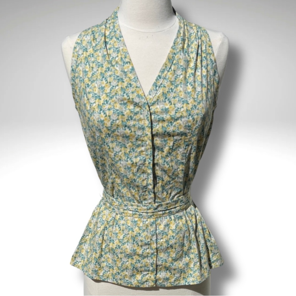 Talbots Yellow Blue Floral Peplum Blouse Sleeveless V Neck Tailored Top 2